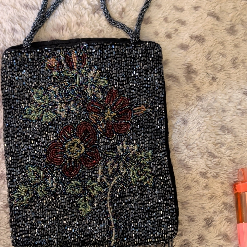 Source Unknown Black Beaded Floral Wristlet with Red and Green Accents